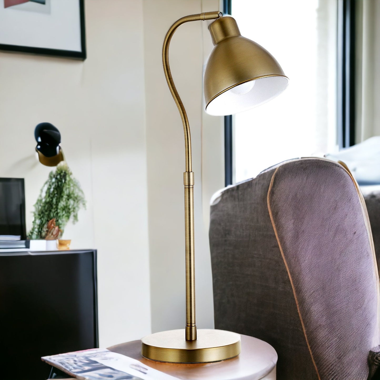 25" Brass Metal Arched Table Lamp With Brass Dome Shade