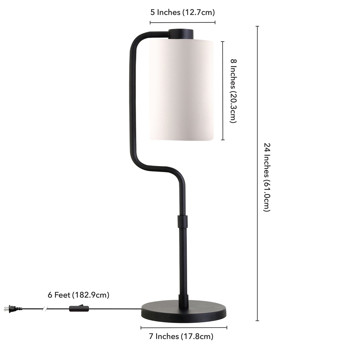 24" Black Metal Table Lamp With White Cylinder Shade