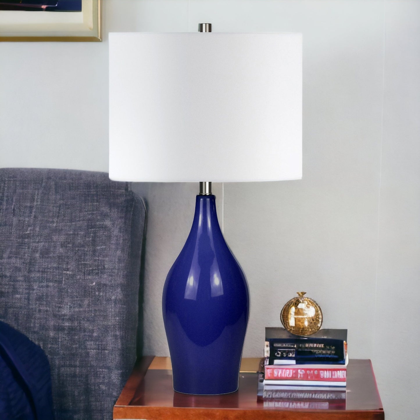 28" Navy Blue Porcelain Table Lamp With White Drum Shade
