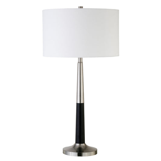 29" Black and Silver Metal Table Lamp With White Drum Shade