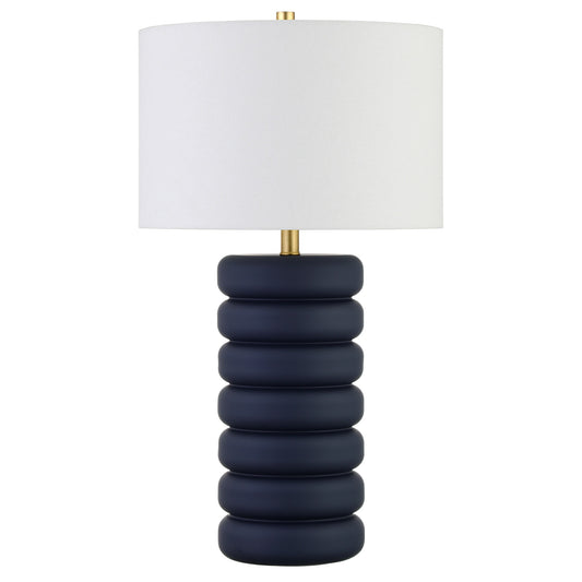 25" Navy Blue Ceramic Table Lamp With White Drum Shade
