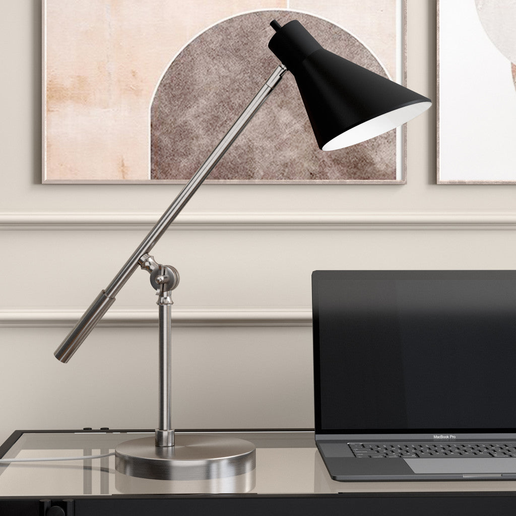 22" Nickel Metal Desk Table Lamp With Black Cone Shade