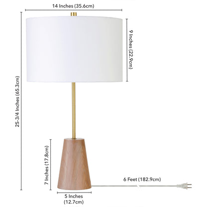 26" Gold and Brown Metal Table Lamp With White Drum Shade