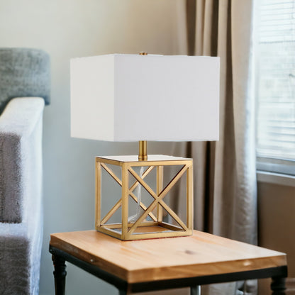 19" Brass Metal Table Lamp With White Square Shade