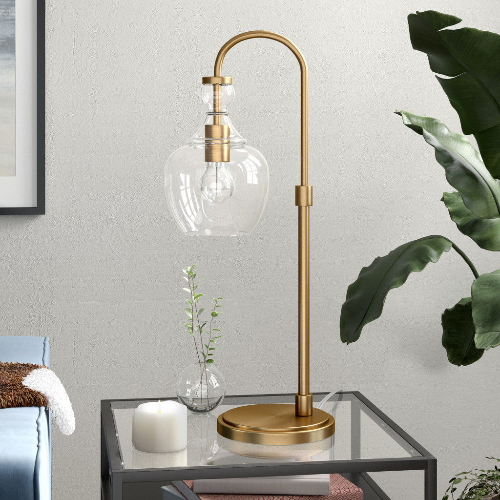 27" Brass Metal Arched Table Lamp With Clear Dome Shade