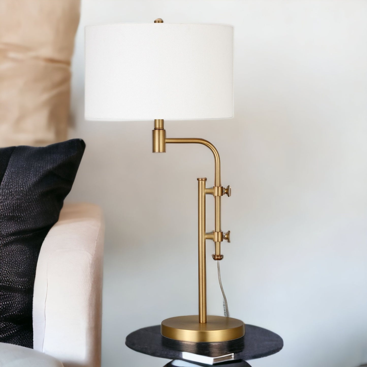 32" Brass Metal Adjustable Table Lamp With White Drum Shade