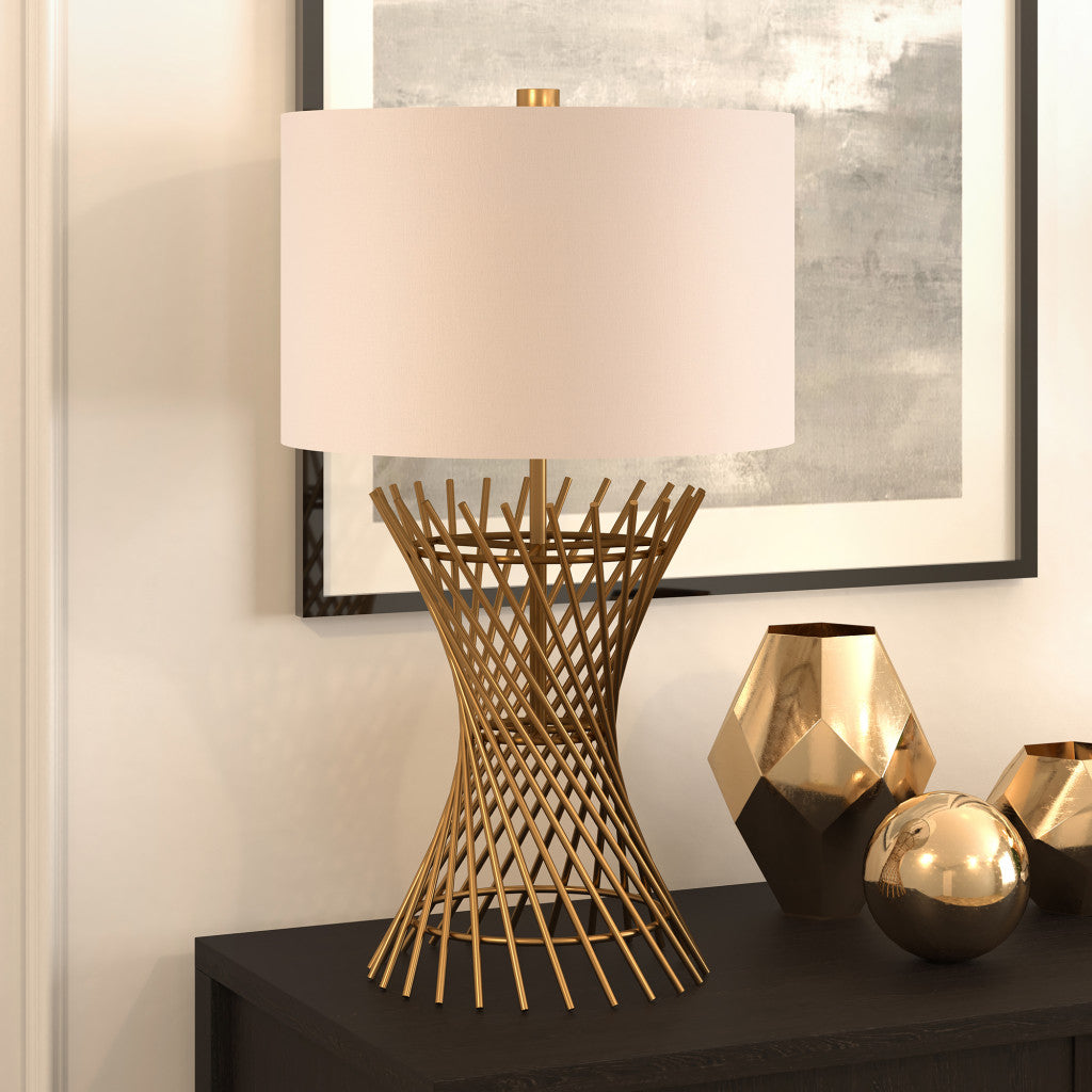 25" Antiqued Brass Metal Adjustable Table Lamp With White Drum Shade