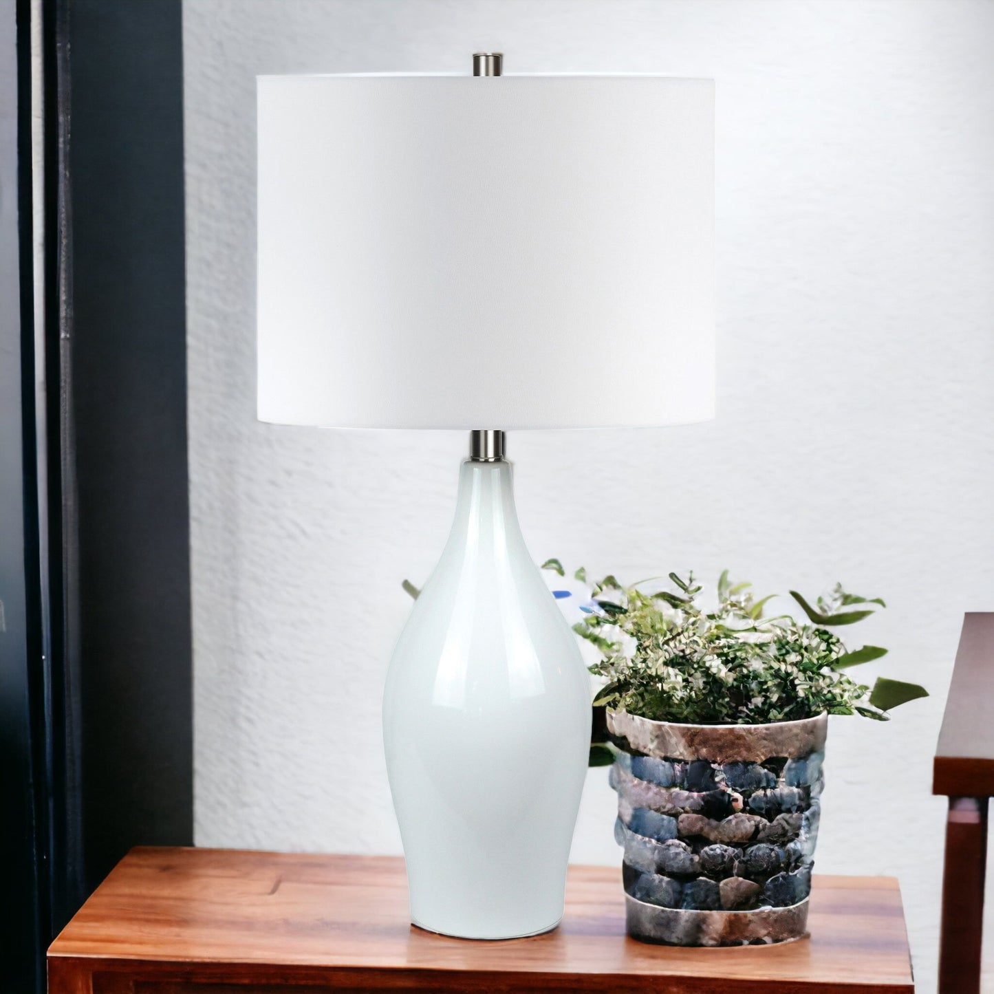 28" White Porcelain Table Lamp With White Drum Shade