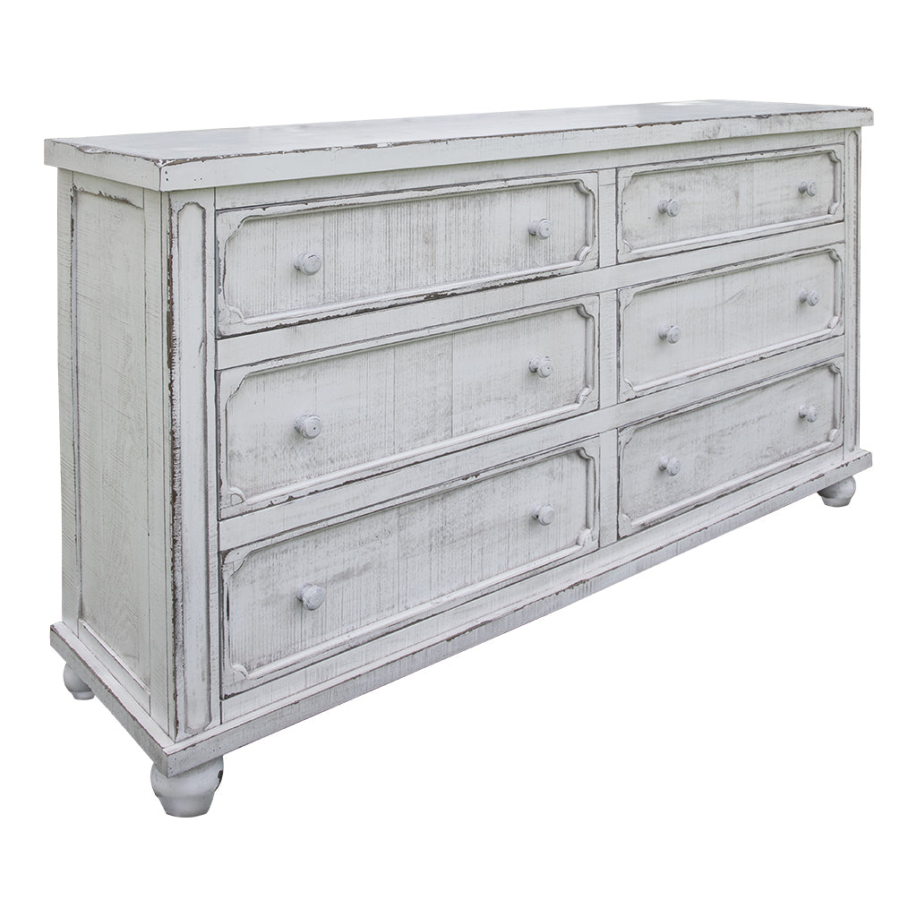 70" Antiqued White Solid Wood Six Drawer Double Dresser