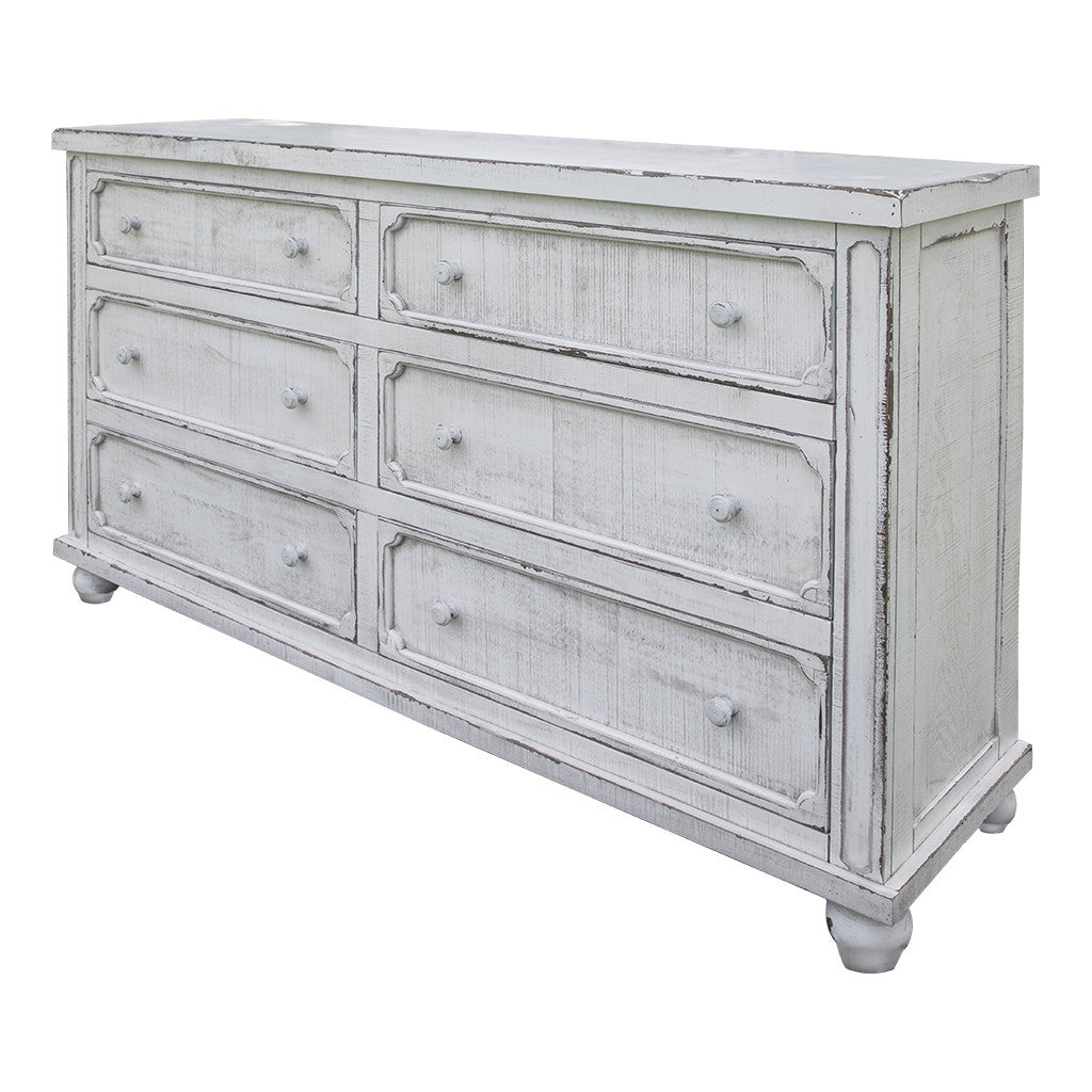 70" Antiqued White Solid Wood Six Drawer Double Dresser