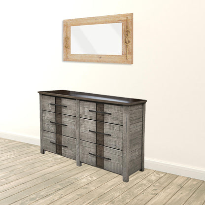 62" Brown Oak and Gray Solid Wood Six Drawer Double Dresser