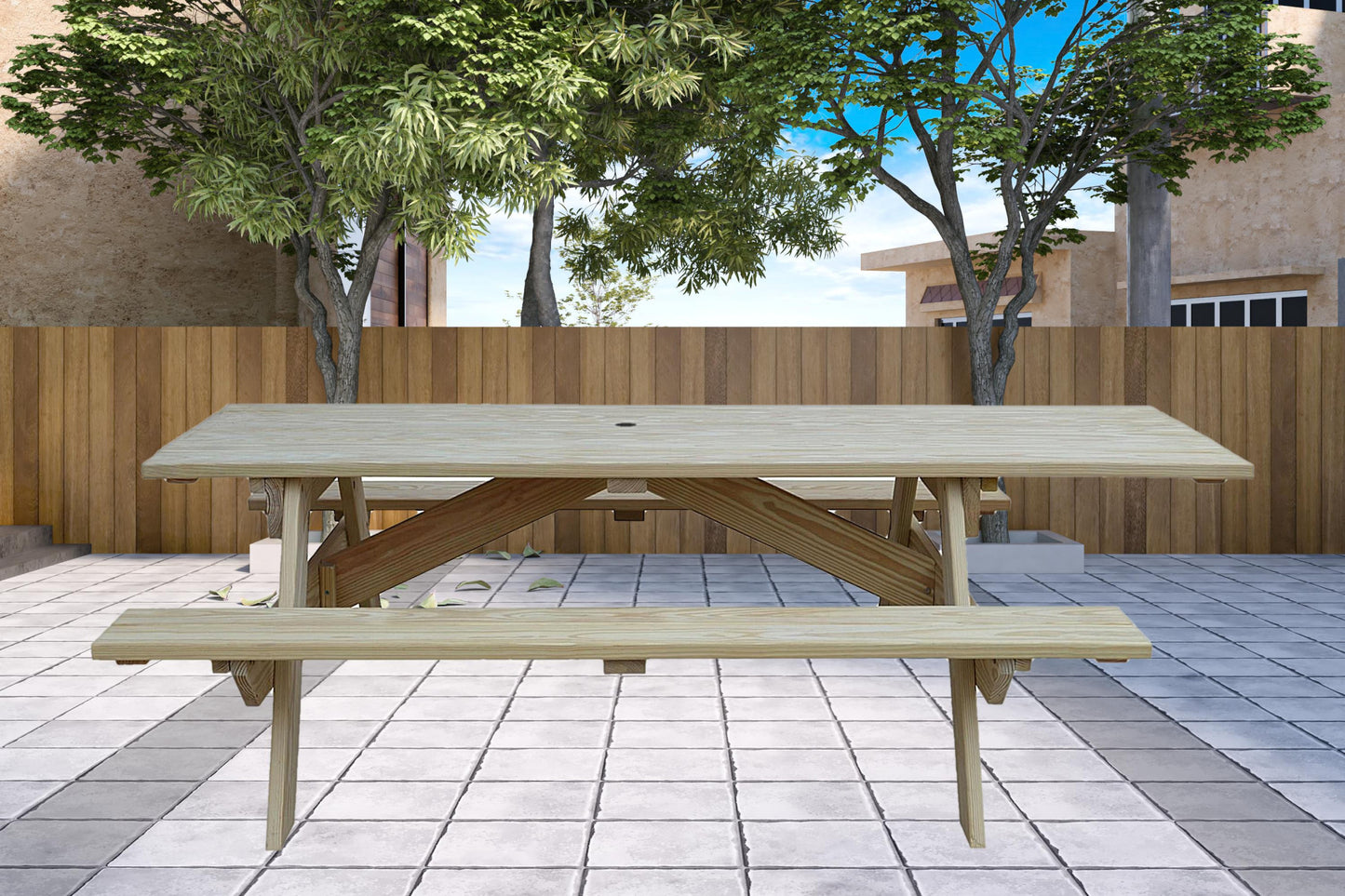 Beige Solid Wood Outdoor Picnic Table Umbrella Hole