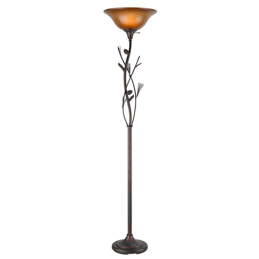 72" Rusted Torchiere Floor Lamp With Brown Frosted Glass Dome Shade