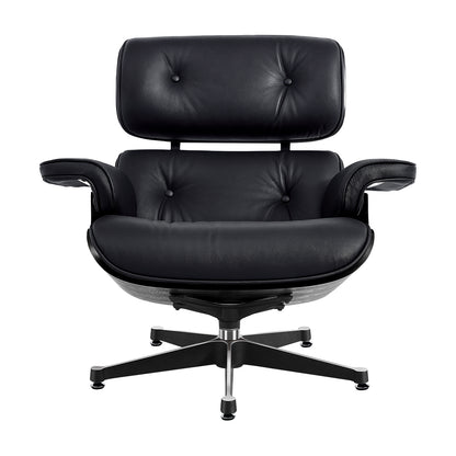35" Black Tufted Genuine Leather Swivel Lounge Chair with Ottoman
