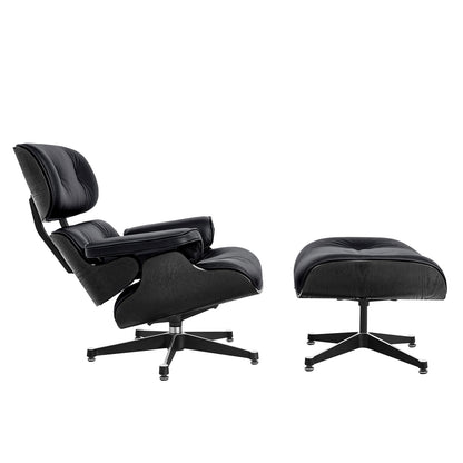 35" Black Tufted Genuine Leather Swivel Lounge Chair with Ottoman
