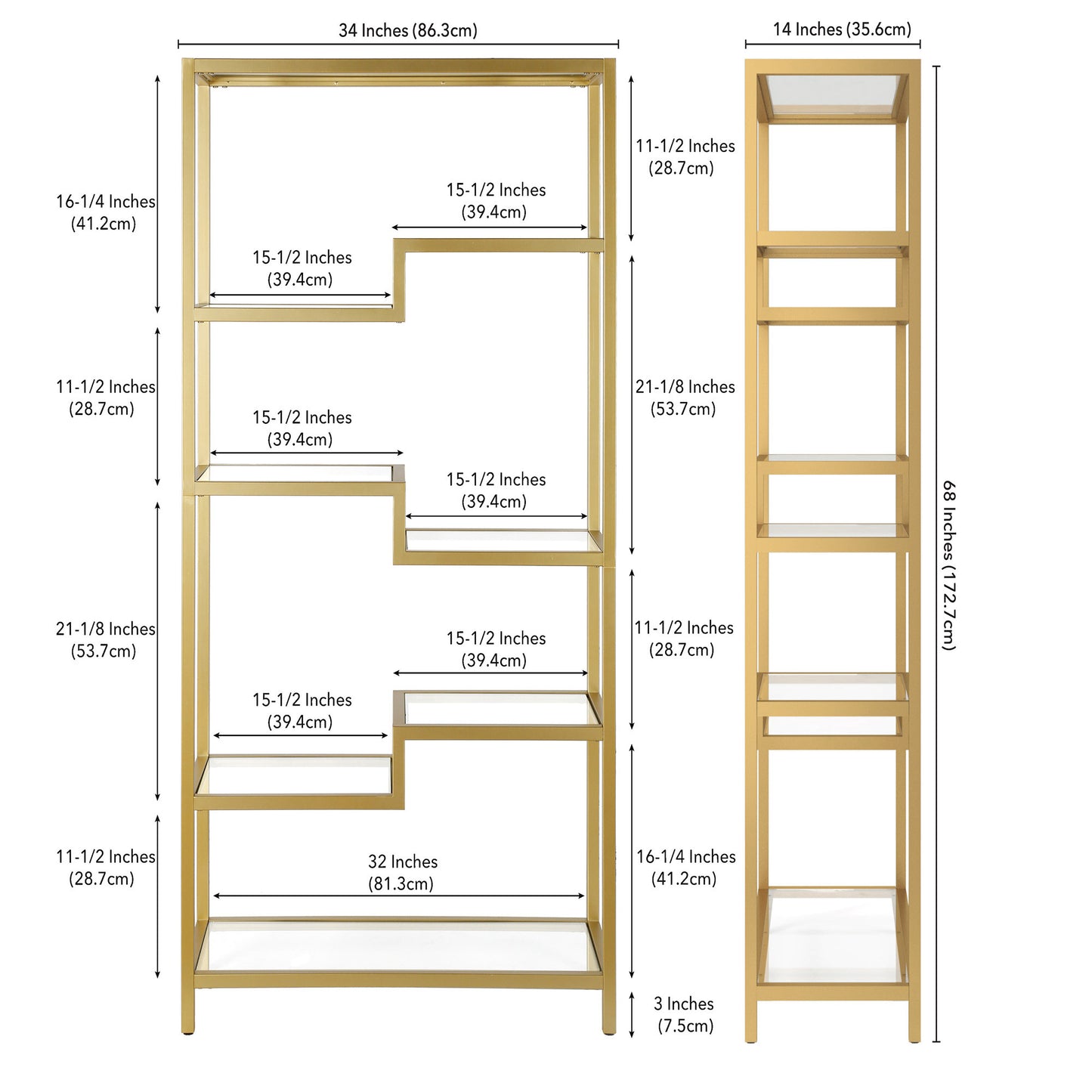 68" Gold Metal And Glass Seven Tier Etagere Bookcase