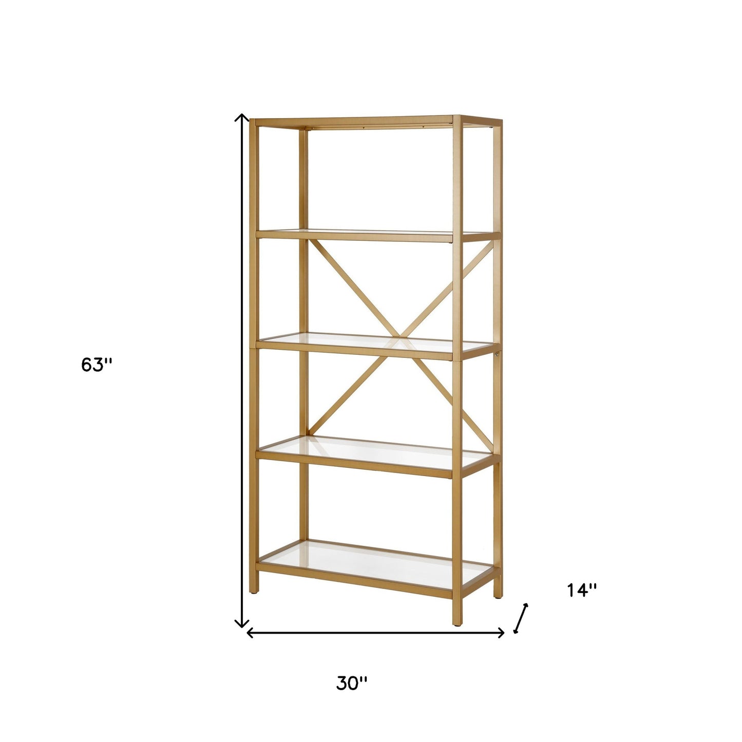 63" Gold Metal And Glass Five Tier Etagere Bookcase