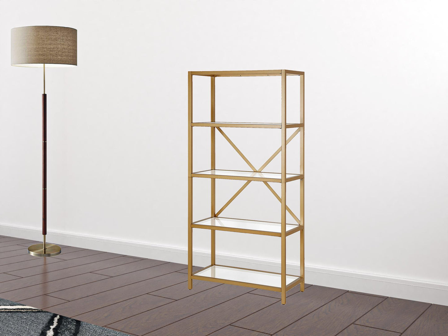 63" Gold Metal And Glass Five Tier Etagere Bookcase