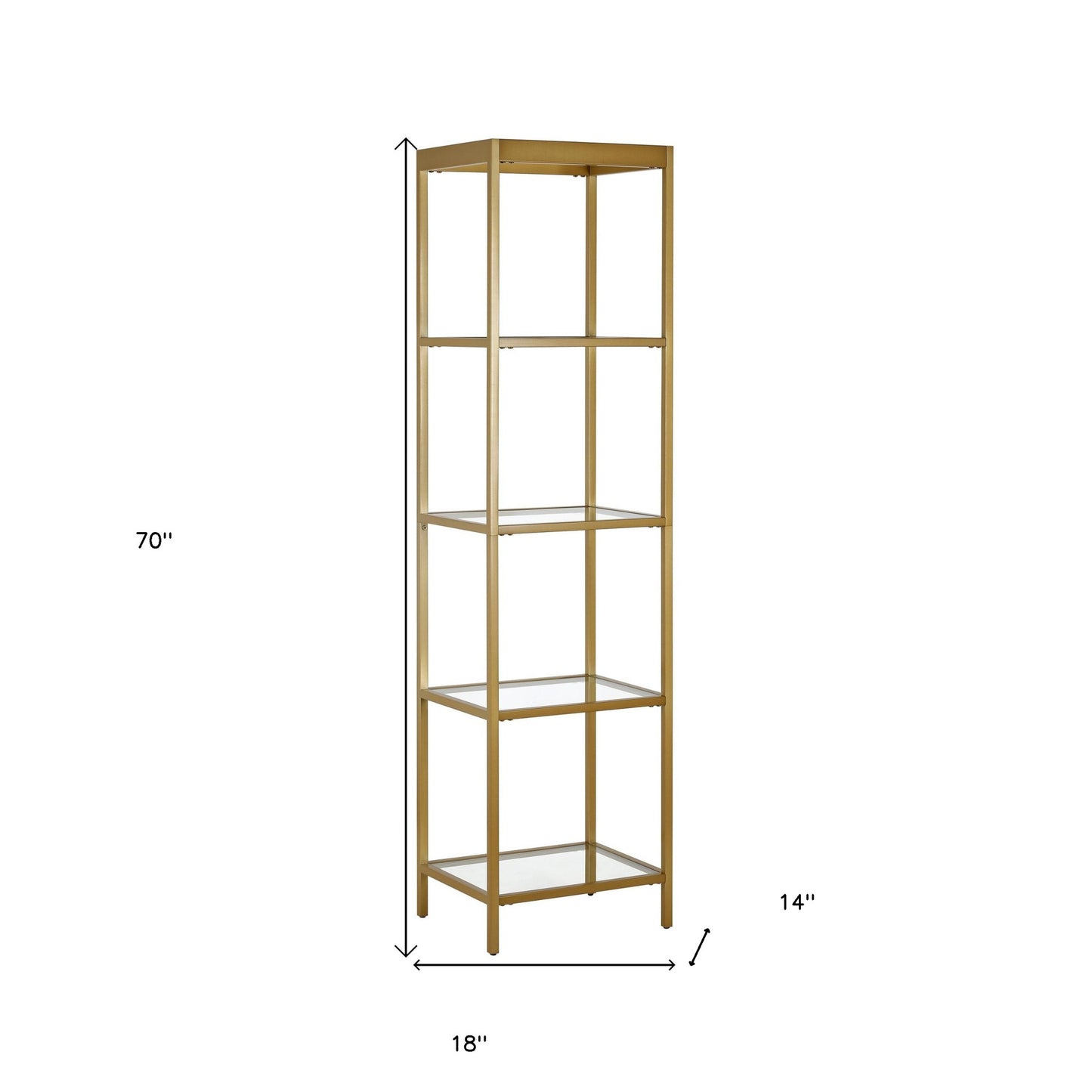 70" Gold Metal And Glass Four Tier Standard Bookcase