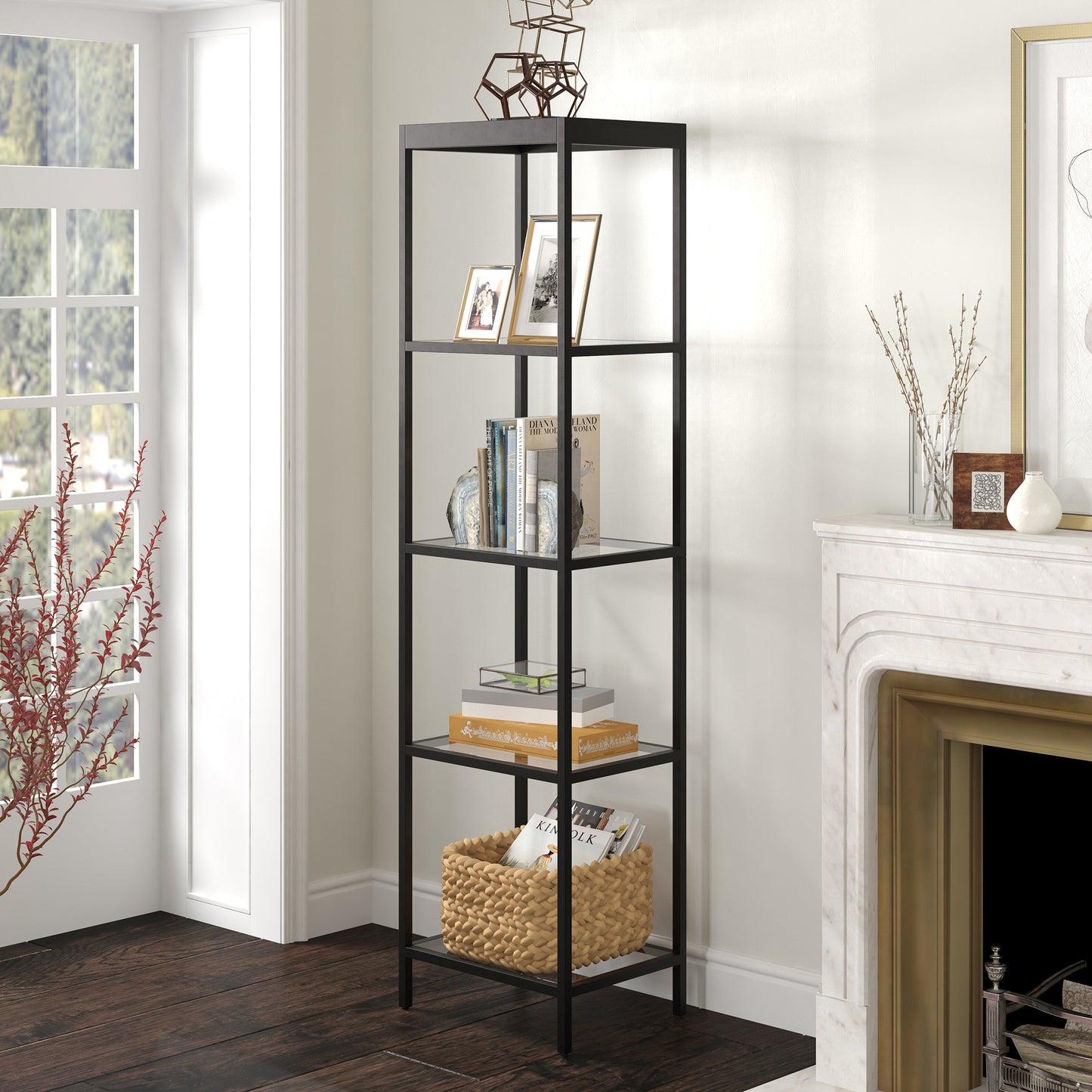 70" Black Metal And Glass Four Tier Standard Bookcase