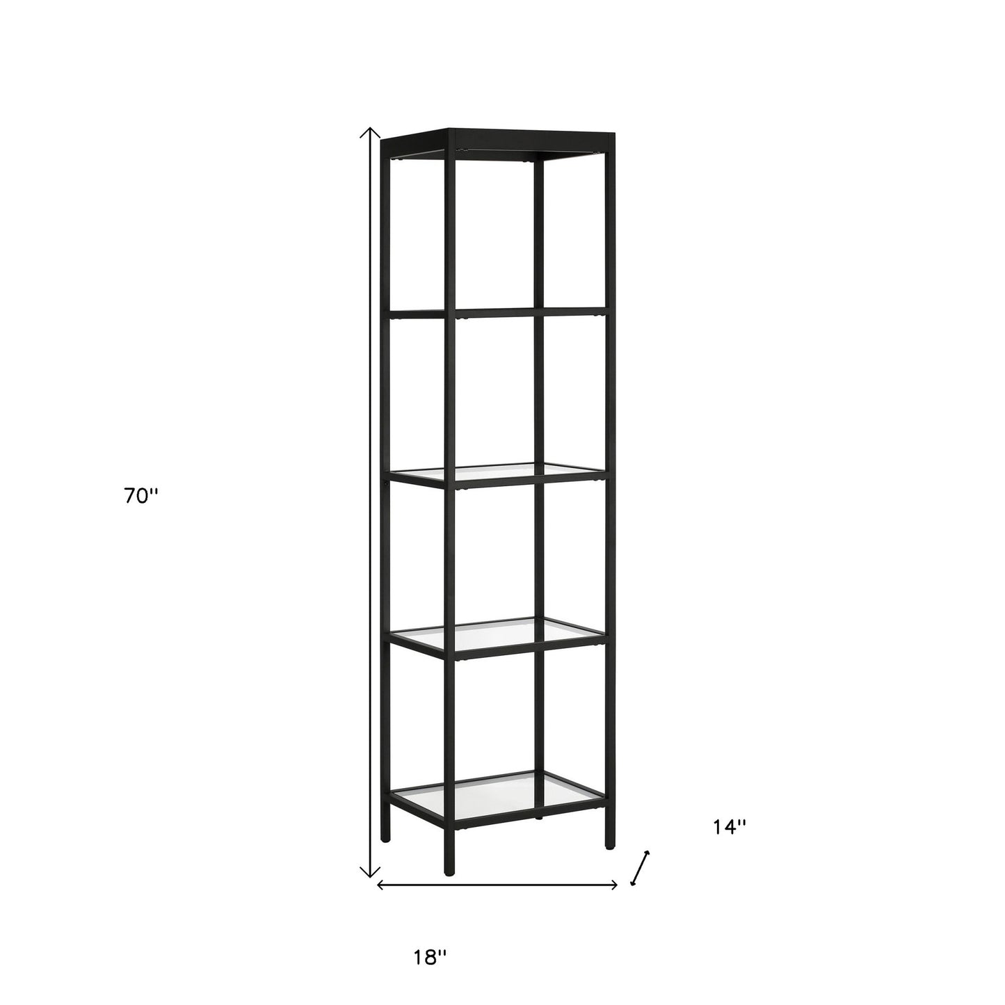 70" Black Metal And Glass Four Tier Standard Bookcase