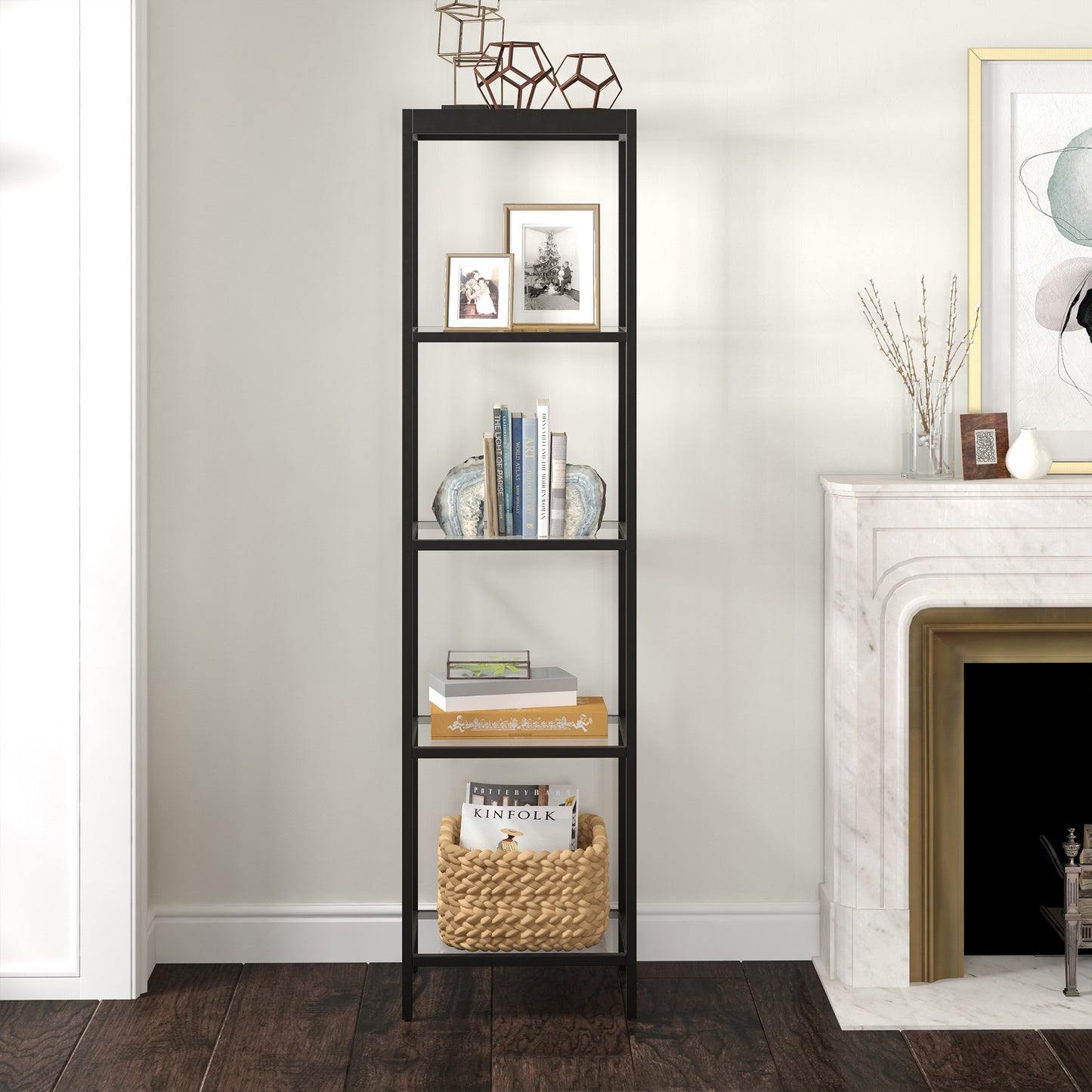70" Black Metal And Glass Four Tier Standard Bookcase