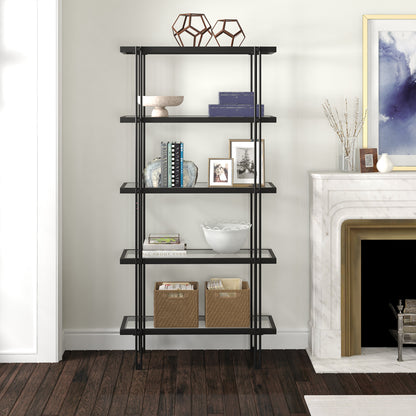 68" Black Metal And Glass Five Tier Standard Bookcase