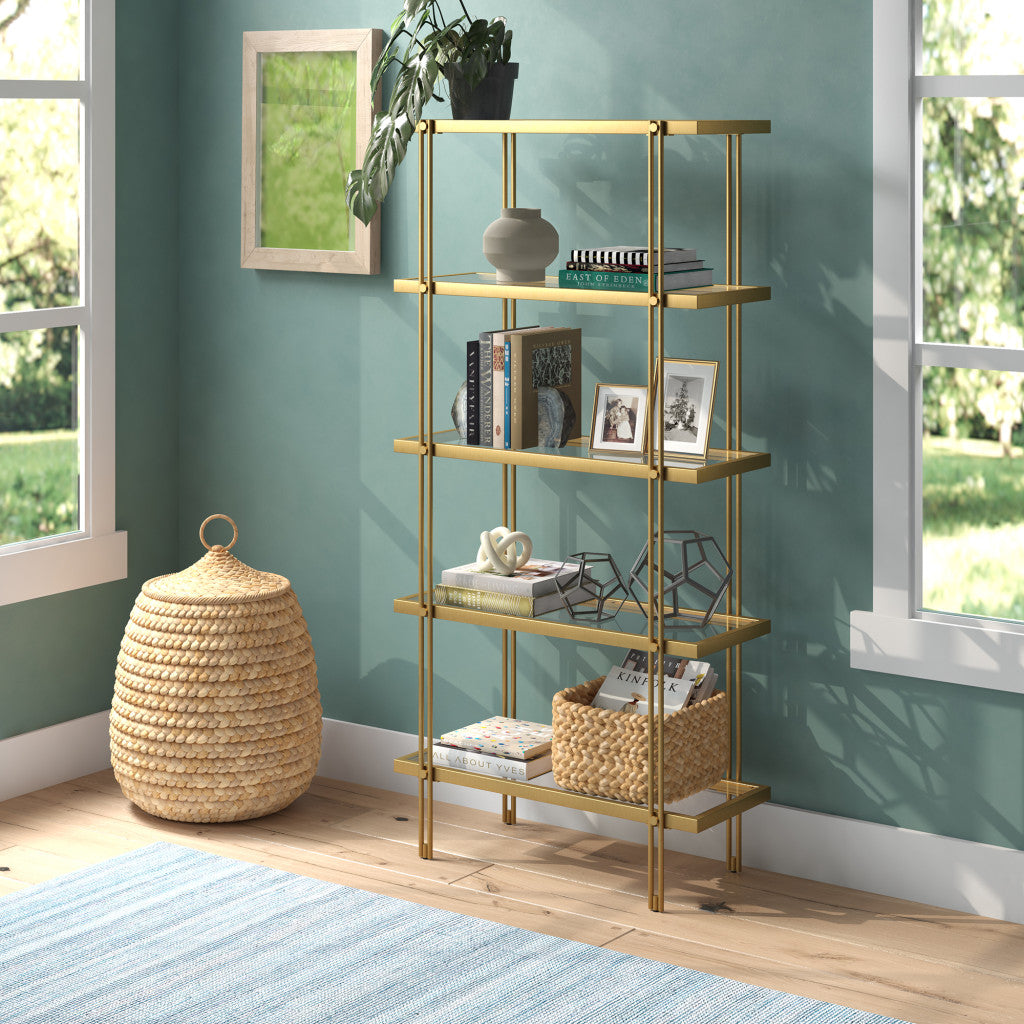 68" Gold Metal And Glass Five Tier Standard Bookcase