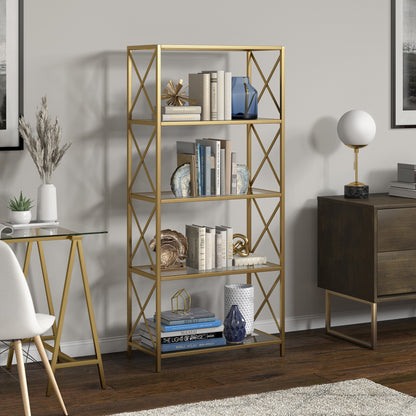 66" Gold Metal And Glass Five Tier Etagere Bookcase