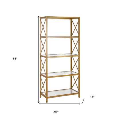 66" Gold Metal And Glass Five Tier Etagere Bookcase