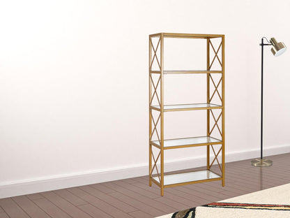 66" Gold Metal And Glass Five Tier Etagere Bookcase