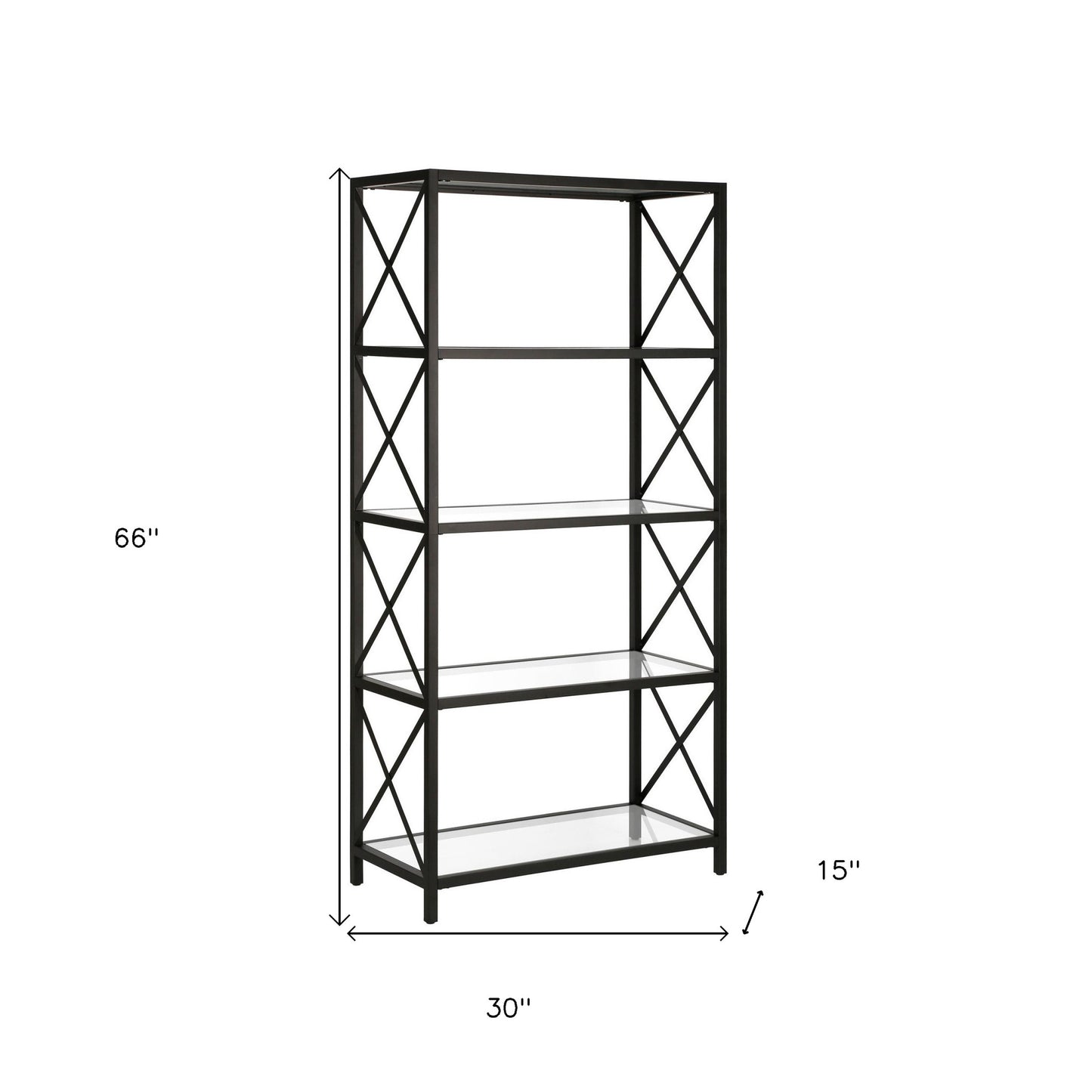 66" Black Metal And Glass Five Tier Etagere Bookcase