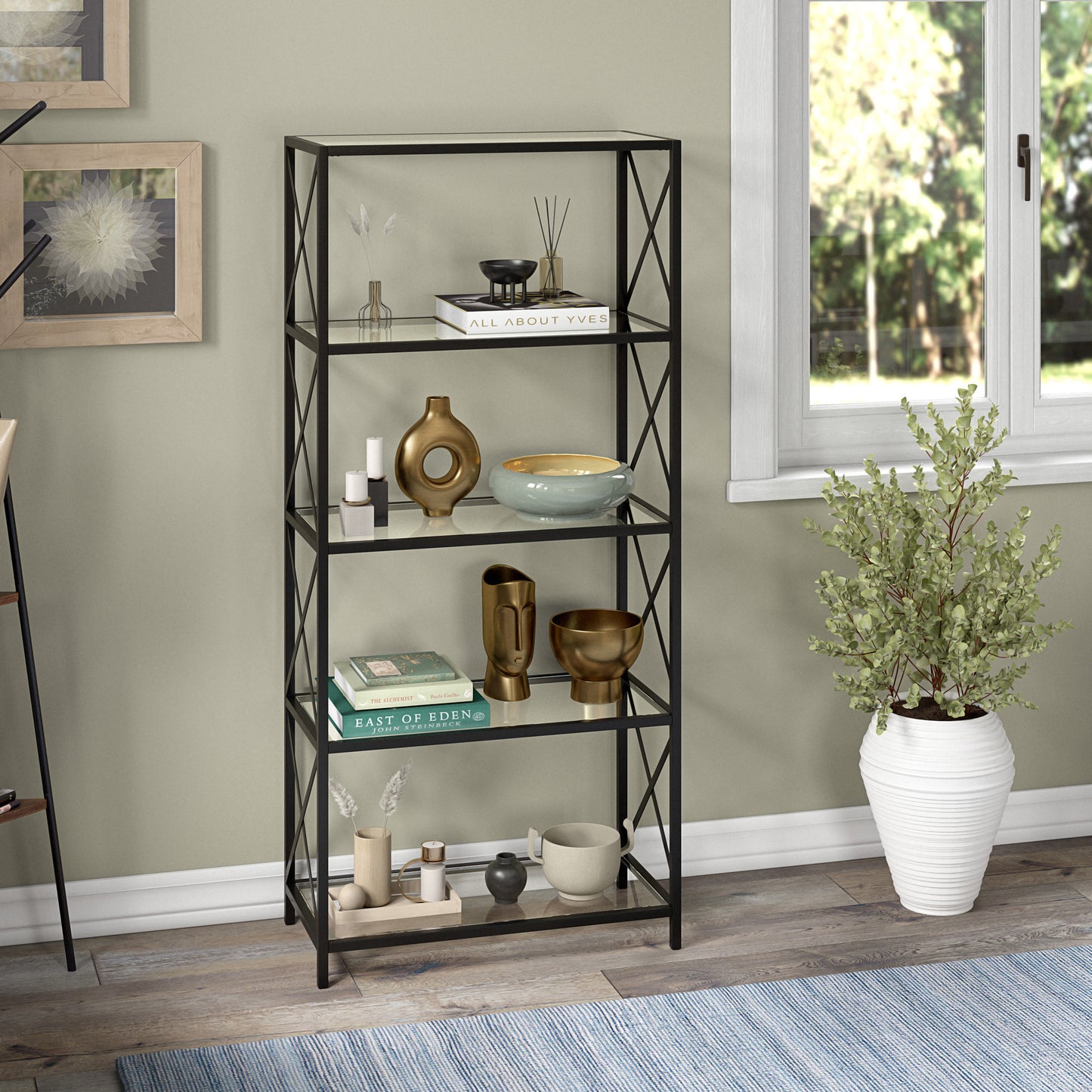 66" Black Metal And Glass Five Tier Etagere Bookcase