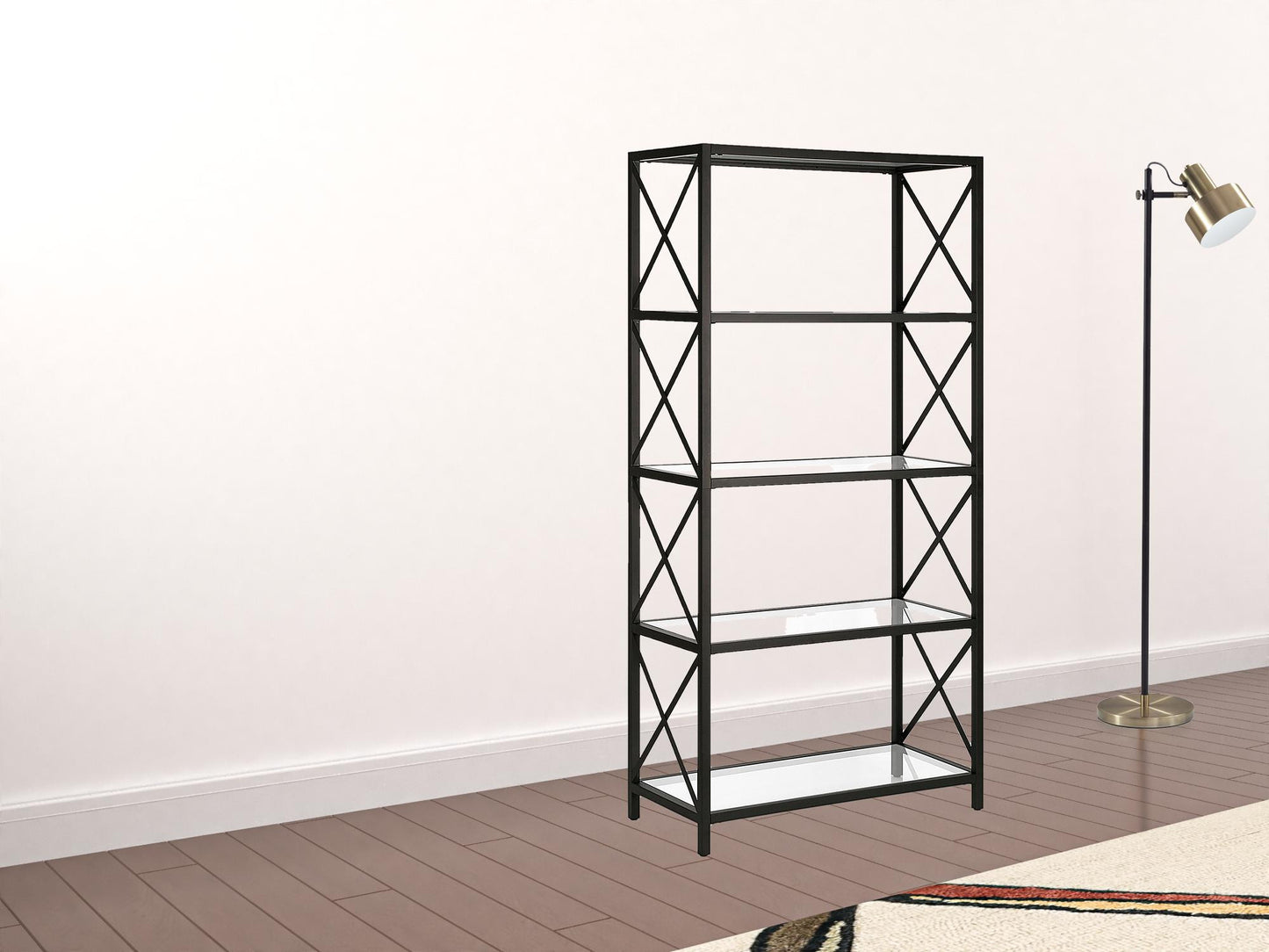 66" Black Metal And Glass Five Tier Etagere Bookcase