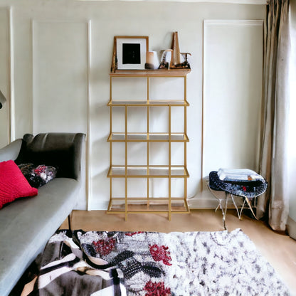 62" Gold Metal And Glass Four Tier Etagere Bookcase