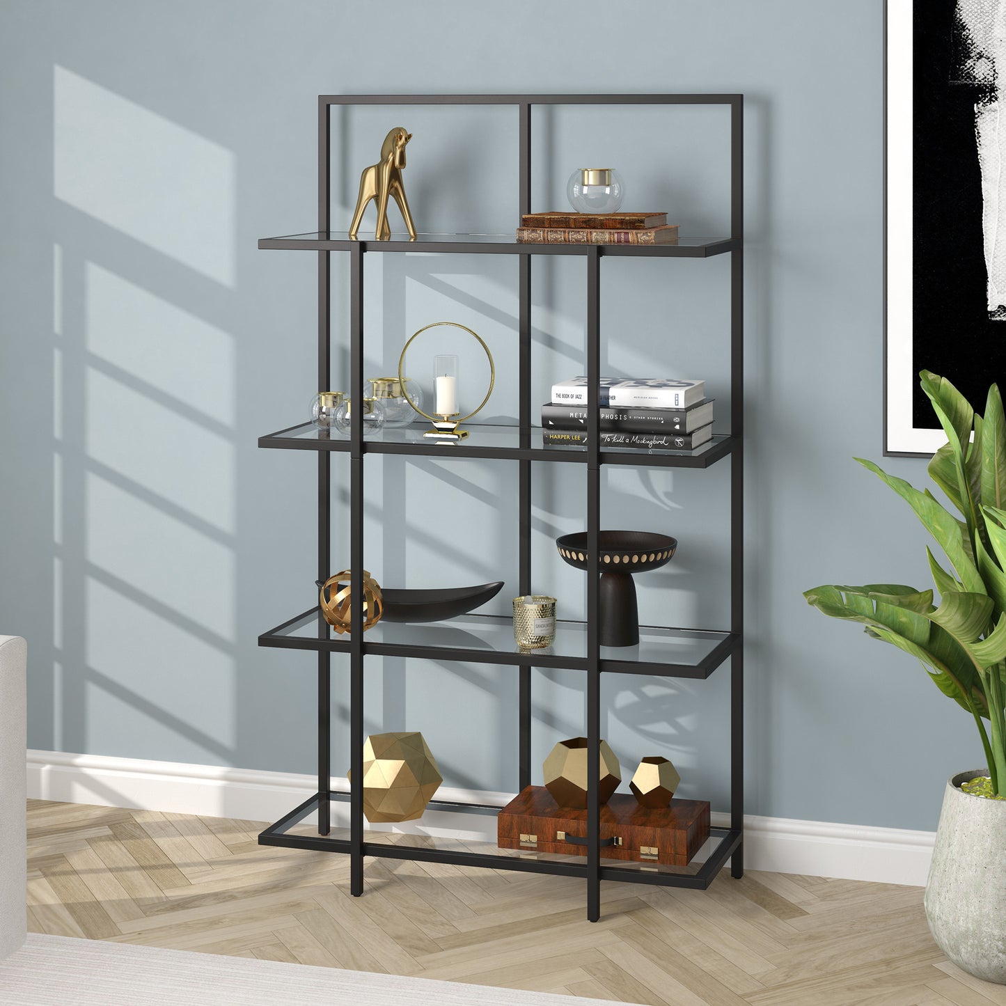 62" Black Metal And Glass Four Tier Etagere Bookcase