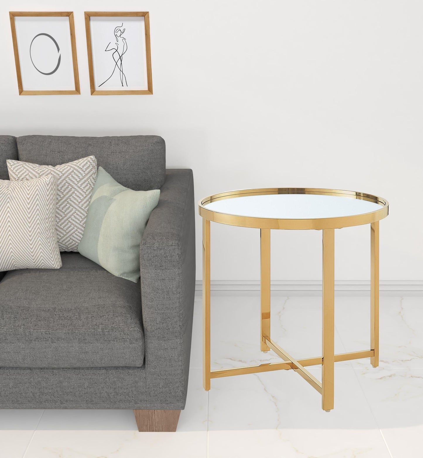 22" Gold Glass Round Mirrored End Table