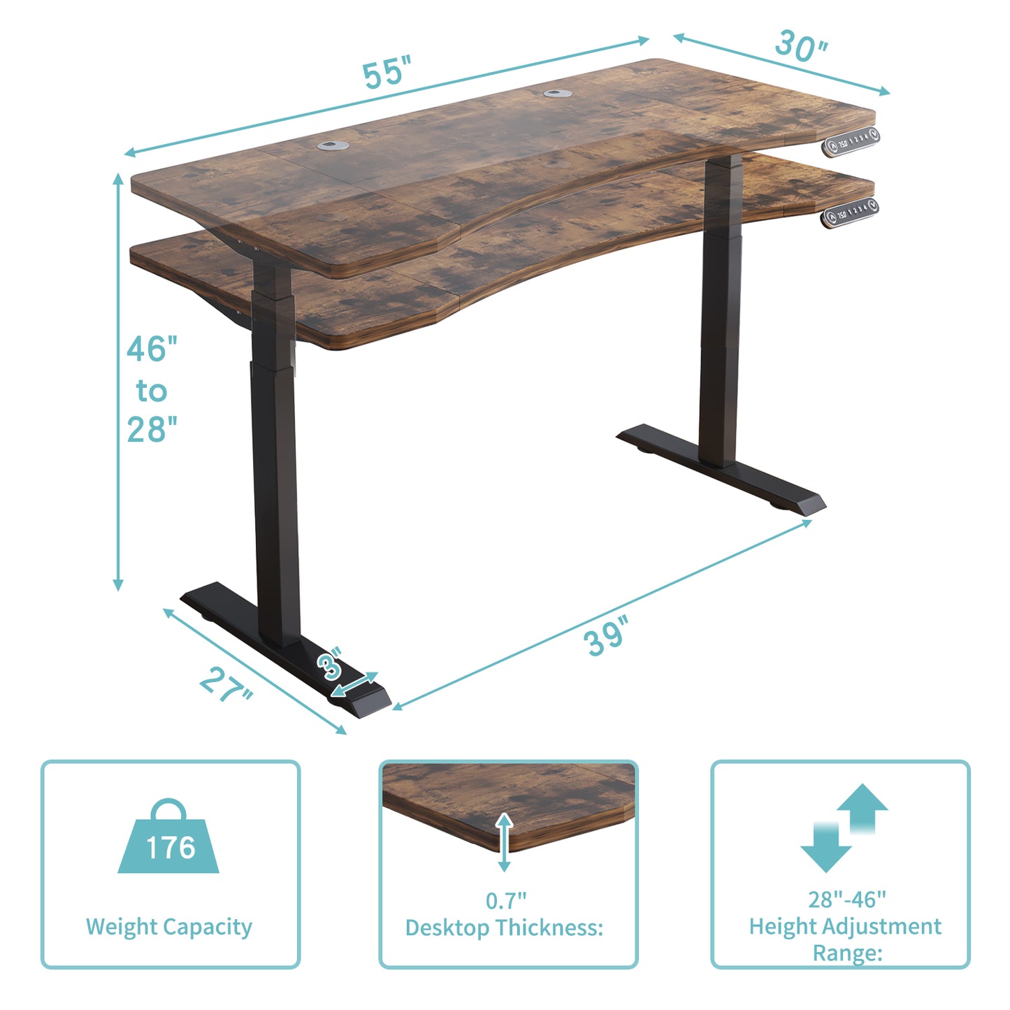 55" Adjustable Brown And Black And Black Unique Standing Desk