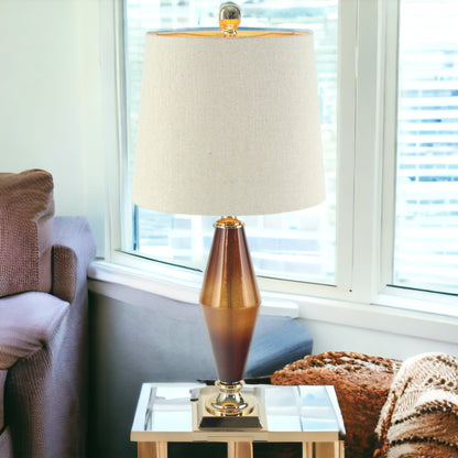 33" Amber Glass LED Table Lamp With Beige Cone Shade