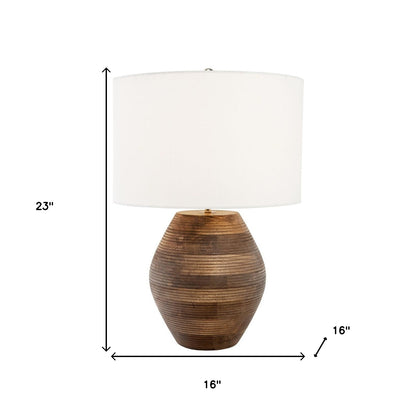 23" Brown Solid Wood LED Table Lamp With White Drum Shade