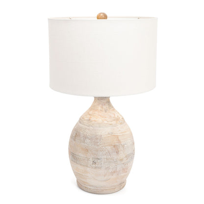 27" Blanched Almond Solid Wood LED Table Lamp With White Drum Shade