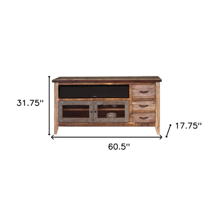 61" Brown Solid Wood Cabinet Enclosed Storage Distressed TV Stand