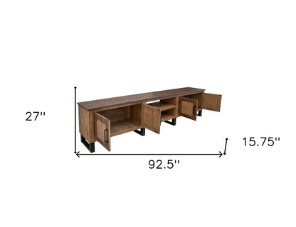 93" Brown Solid Wood Cabinet Enclosed Storage Distressed TV Stand