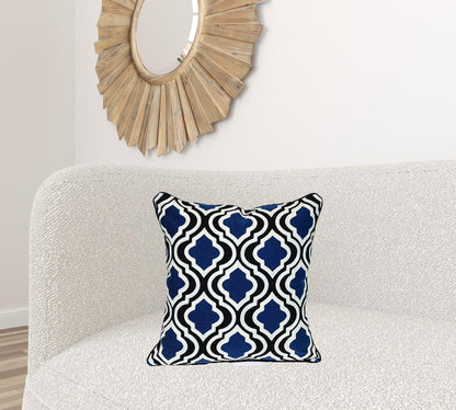 18" X 18" Blue And White 100% Cotton Geometric Zippered Pillow