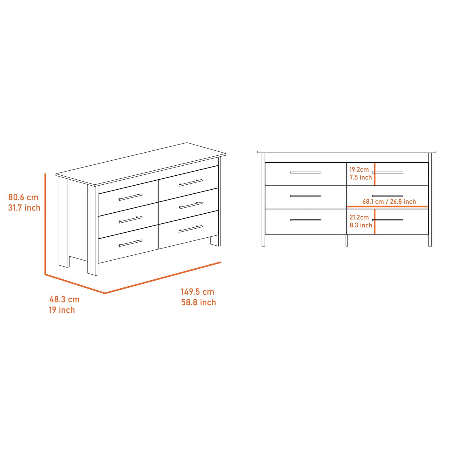 32" White Six Drawer Dresser