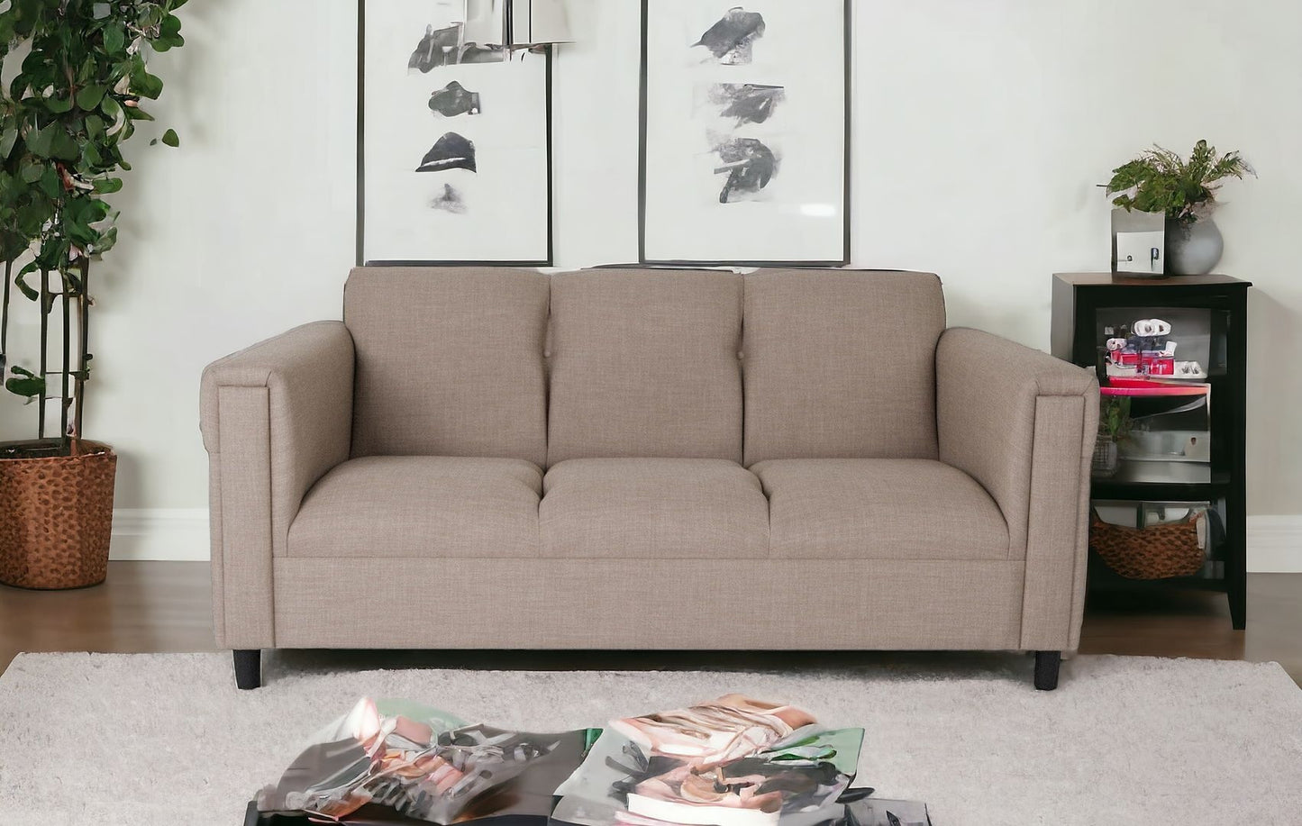 72" Beige And Black Polyester Sofa