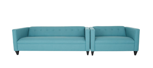 80" Teal Blue Polyester And Dark Brown Sofa