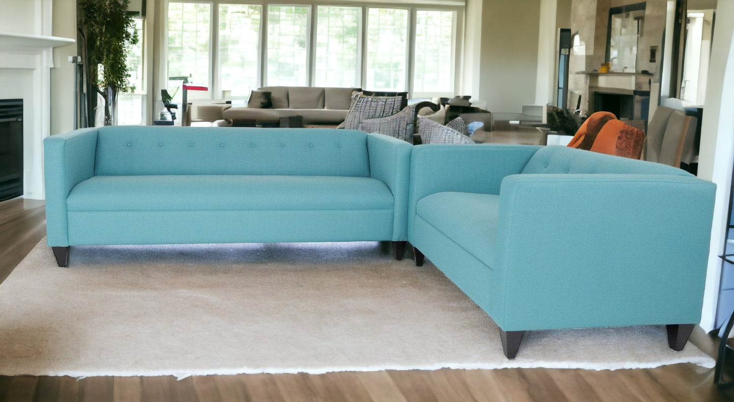 80" Teal Blue Polyester And Dark Brown Sofa