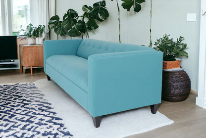 80" Teal Blue Polyester And Dark Brown Sofa