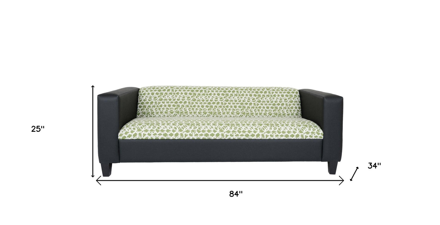 84" Green and White Faux Leather And Black Geometric Sofa